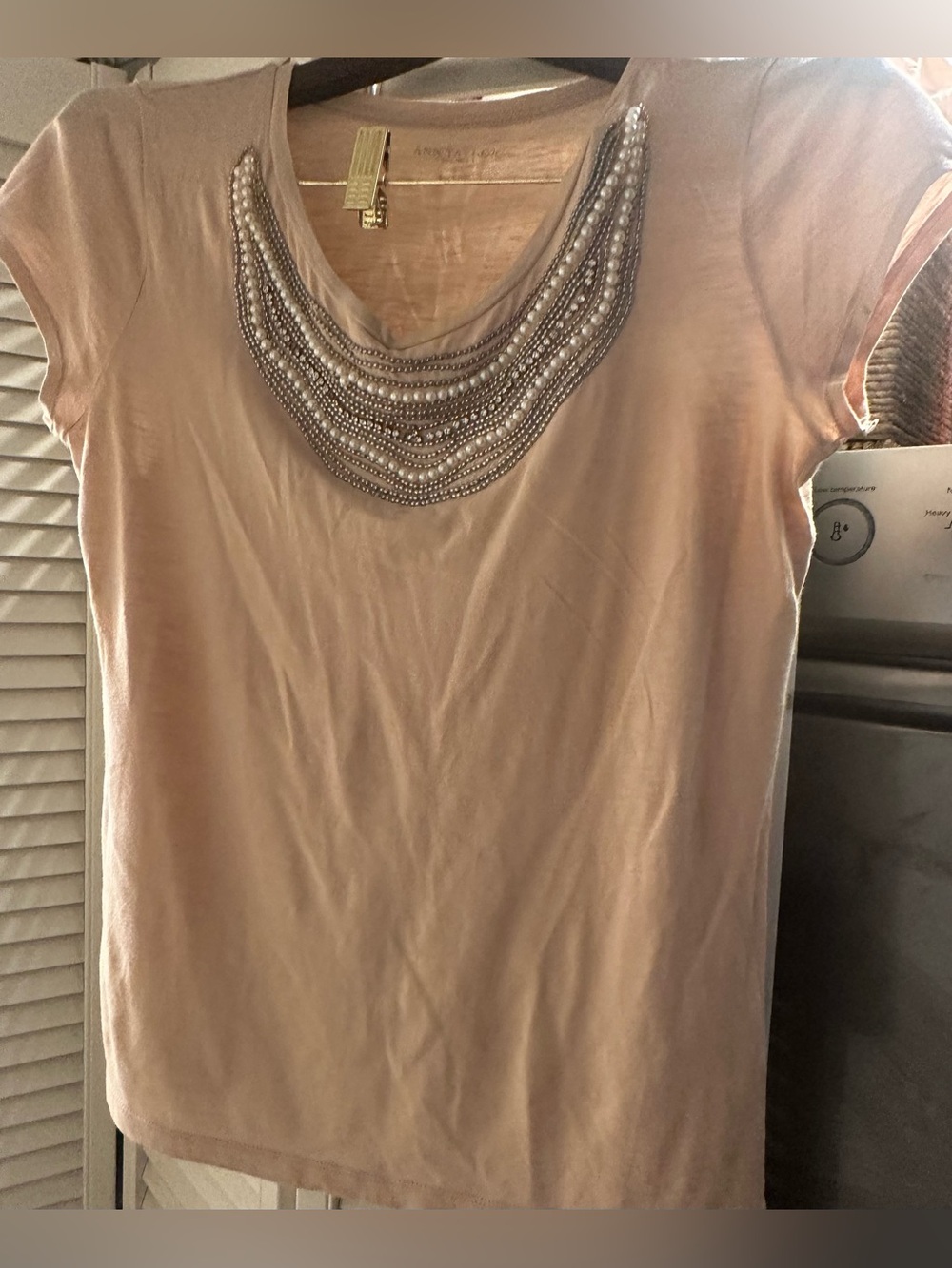 Anthropologie Blush Beaded Scoop Neck Short Sleeve Tee